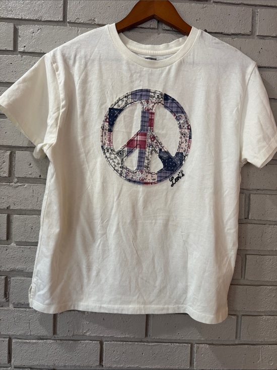 Levi's Tops - Levi's White Tee with Red & Blue Patchwork Peace Graphic